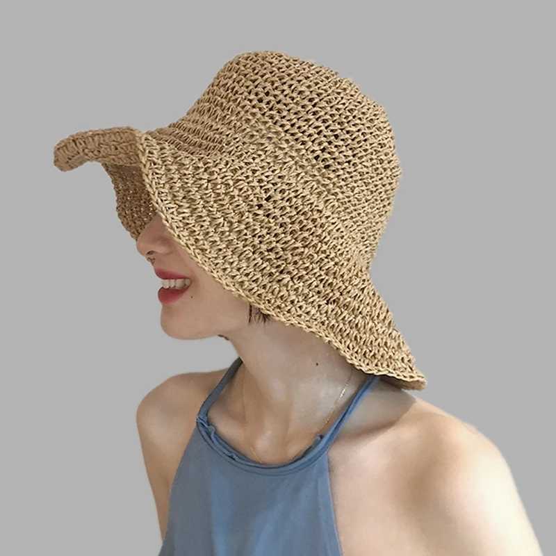 Simple Girl Raffia Sun Hat Wide Brim Floppy Summer Hats For Women Beach Panama Str Dome Bucket Hat Femme Shade HatXJ250304