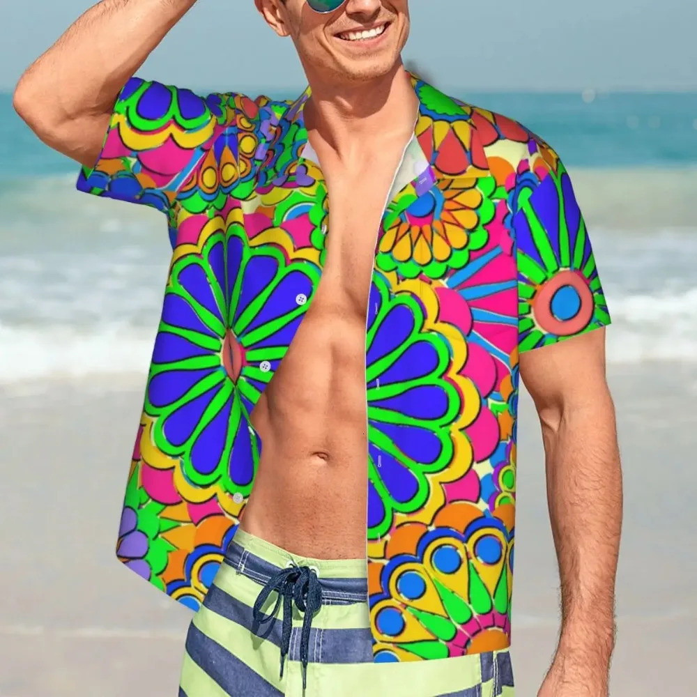 Hippie style vacation shirt for men colorful floral power casual shirt Hawaiian short sleeved classic oversized shirt birthday gift 250227