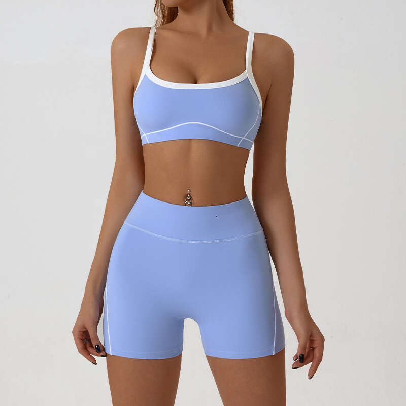 New European and American nude tight outdoor sports suit with thin shoulder contrasti colors, gerie straps, yoga clothes, 2025 new casual fashion tren