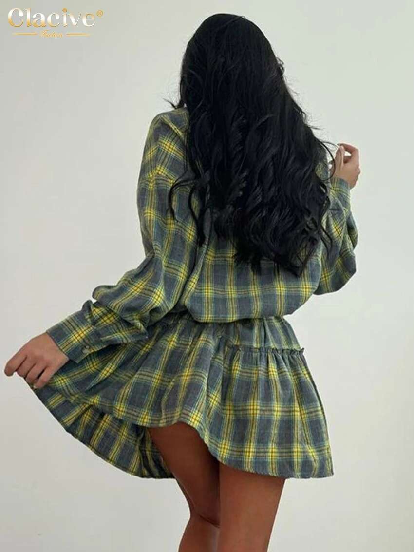 Clacive Fashion Loose Plaid 2 Piece Sets Women Outfit 2024 Elegant Long Sleeve Shirt With High Waist Ruffle Mini Skirts Set