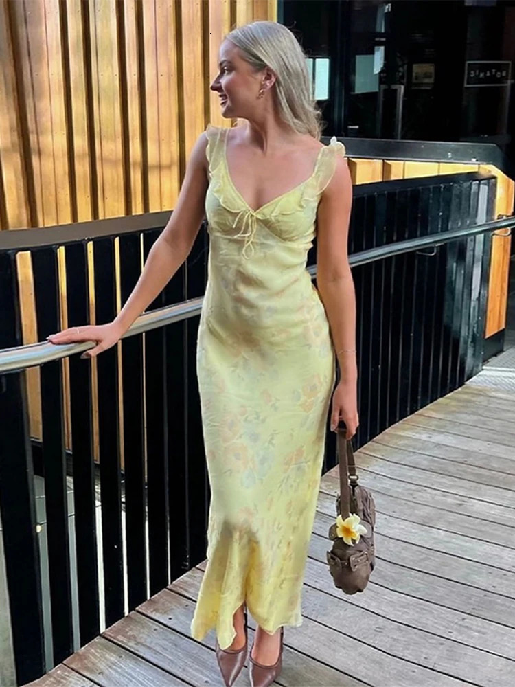 Summer Flower Printed Womens Sexy Low-cut Dress Sleeveless Backless Slim Sling Dresses Beach Vacation Lady Dresses 250228