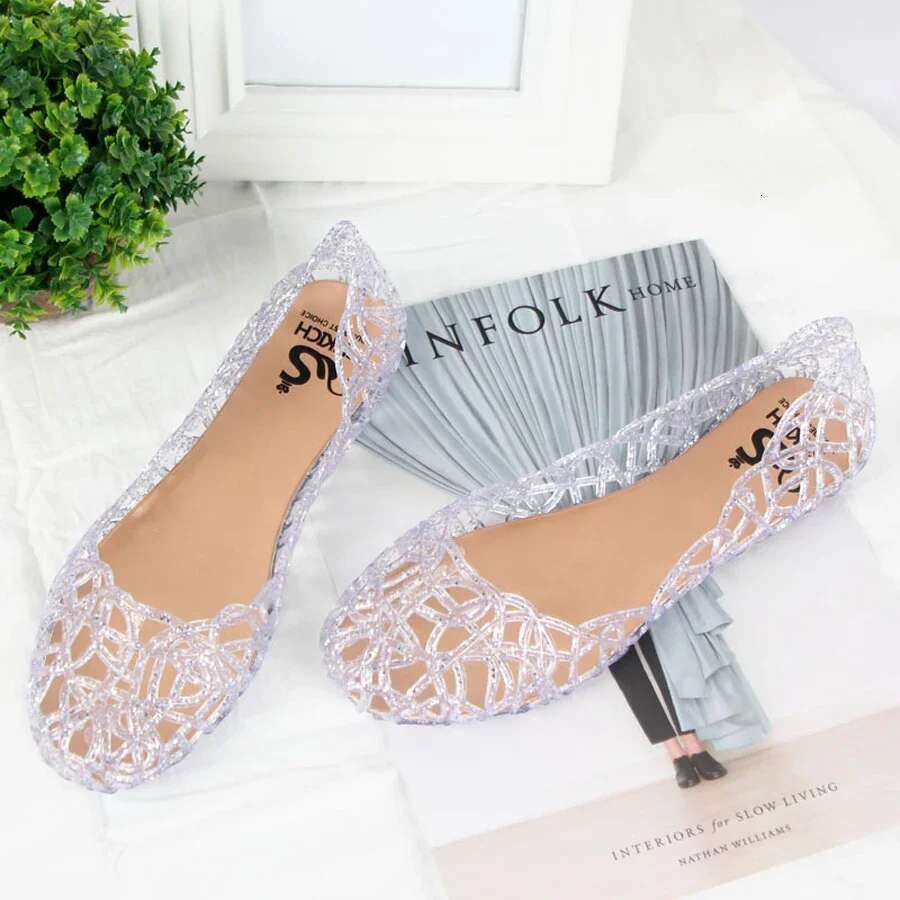 women crystal Summer clogs hollow flat-soled slip-ons shallow mouth Roman jelly shoes beach sandals