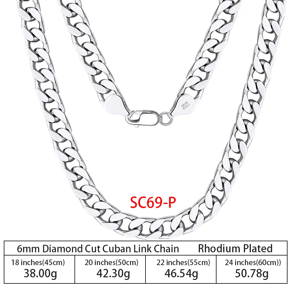 RINNTIN SC69 Fine Jewelry Italy Sterg Necklace Rhodium Plated :6mm Dia Cut Cuban k Chain Sier