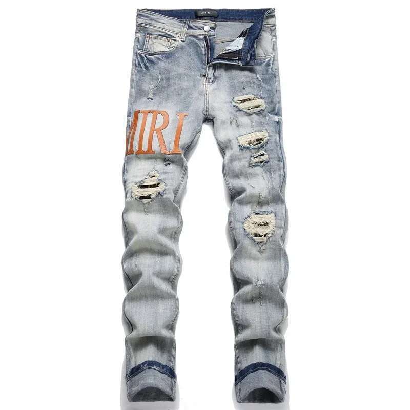 Retro Leather Jeans Holes American Elastic Slim Fashion Versatile Men's Pants Do Old Worn-Out Styles