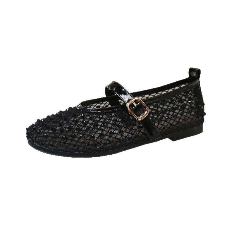 Mesh hollowed out Mary Jane women's for spring and summer 2025, new single buckle with breathable soft sole ballet shoes, flat shoes