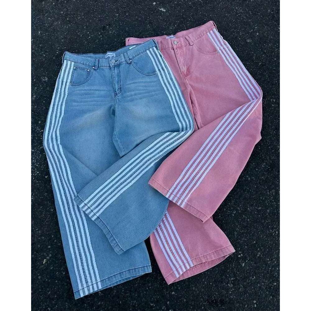 High Vintage Striped Embroidered High-Waisted Jeans Men Women Casual Pants Haruku Hip Hop Street Baggy Wide-Leg Jeans