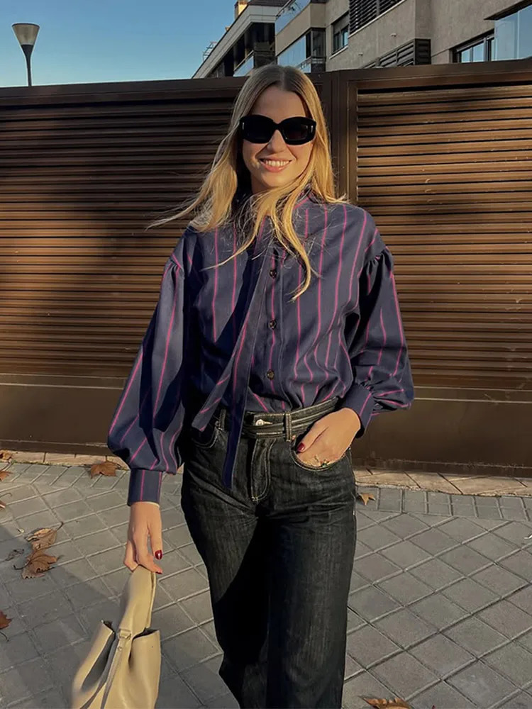 Womens Unique Striped Lace Up Bow Stand Up Collar Top Fashion Casual Bubble Sleeve Single Breasted Shirt Chic Outerwear 250228