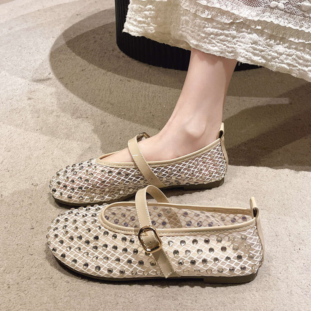 Mesh hollowed out Mary Jane women's for spring and summer 2025, new single buckle with breathable soft sole ballet shoes, flat shoes