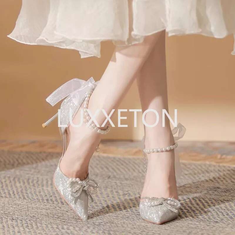Bow Summer Fashion Pearl Women Pointed Toe Breathable and Wear Resistant Sier High Heeled Sandals