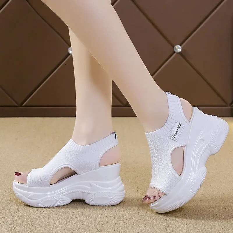 New 2025 Summer Knitted Shoes Fairy Fish-mouth Wind Cake High Flying Weave Slope Heel Thick Sole Sports Women's Sandal