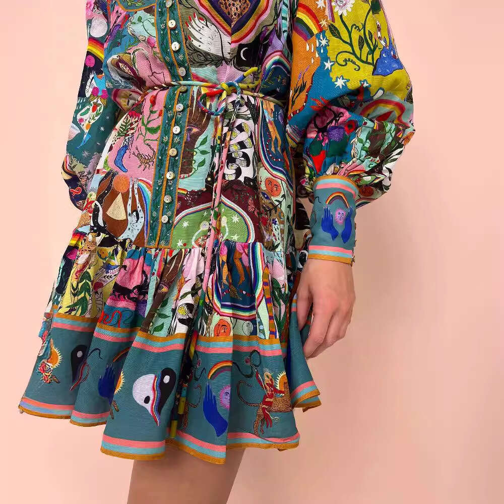 Autumn/Winter European American Long sleeved Printed Strap Cotton Hemp pleated Dress for Women 2025 New Style, Unique and Elegant Clothing