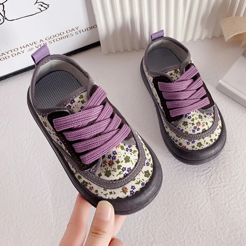 Children Fashion Versatile Soft Canvas Shoes Floral Print Casual Kids Drop Laceup Spring for Boys Flats 250303
