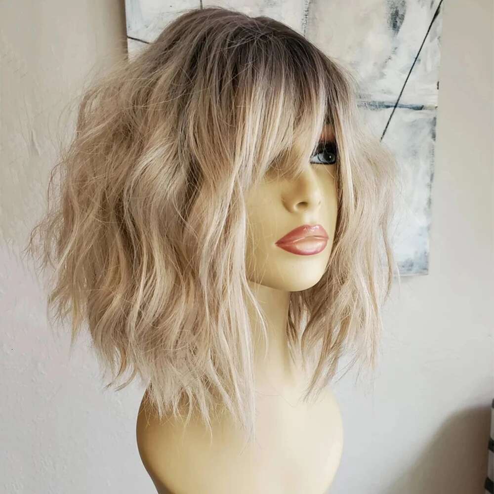 Rooted Blonde Bob With Bangs Heat Resistant Fiber Highlighted Fringe Wavy Synthetic Lace Front Wig For Women Daily Use