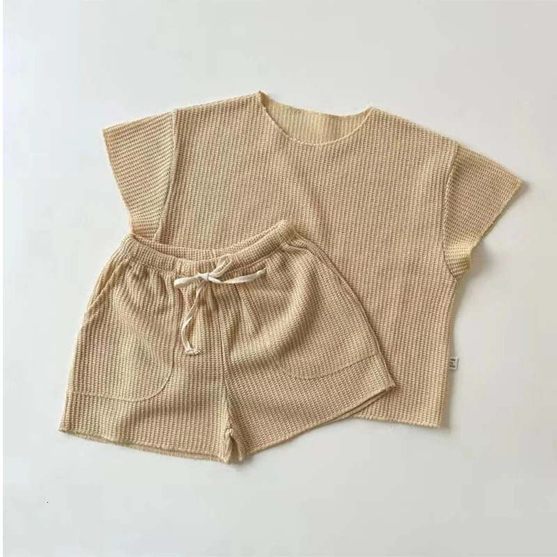 Two piece summer loose knit short sleeved home clothing solid color soft brushed lounge baby knit set 250304