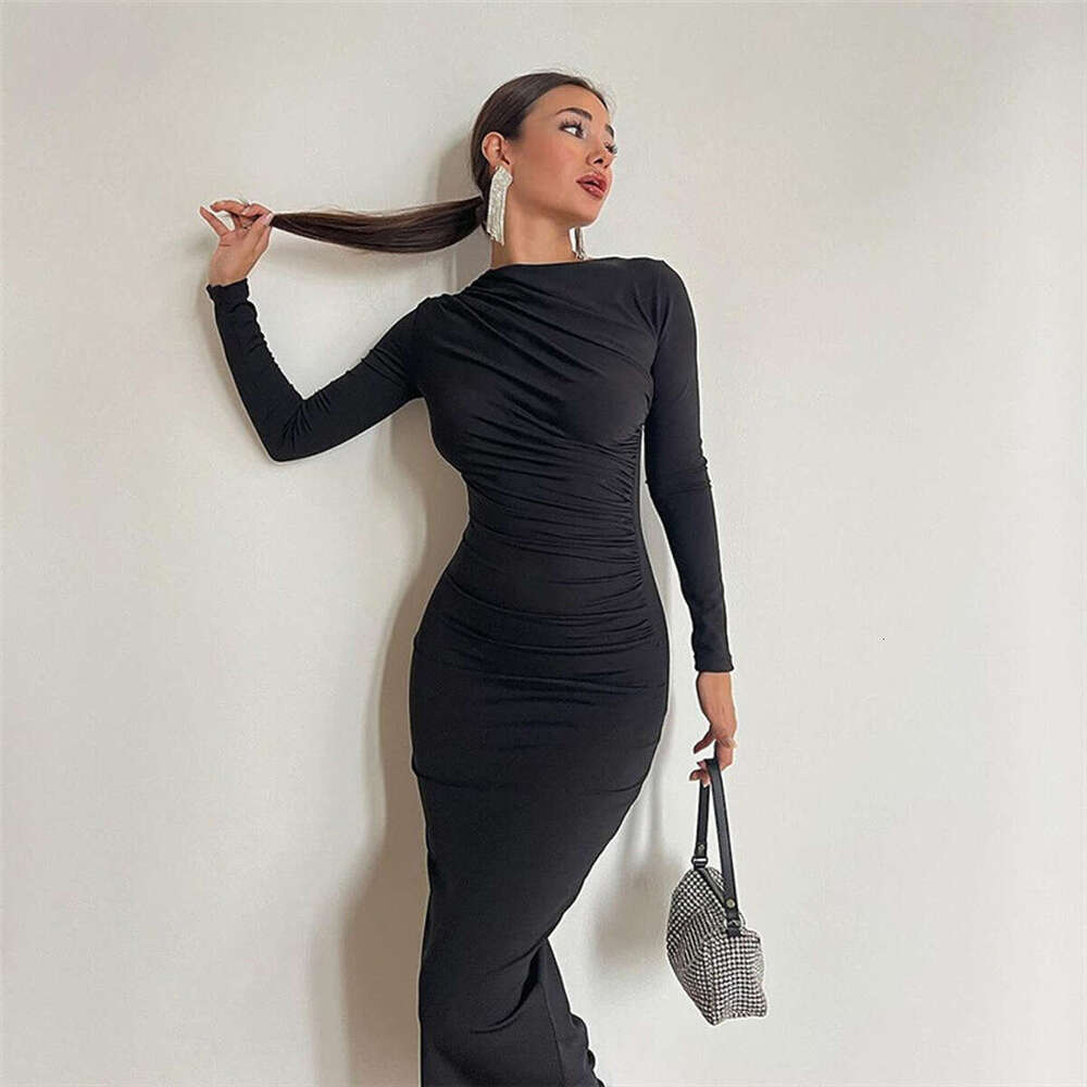 2024 Spring and Autumn New Slim Fit, Advanced Sense, Solid Color, Elegance, Long Style, Wrapped Hip Dress for Women