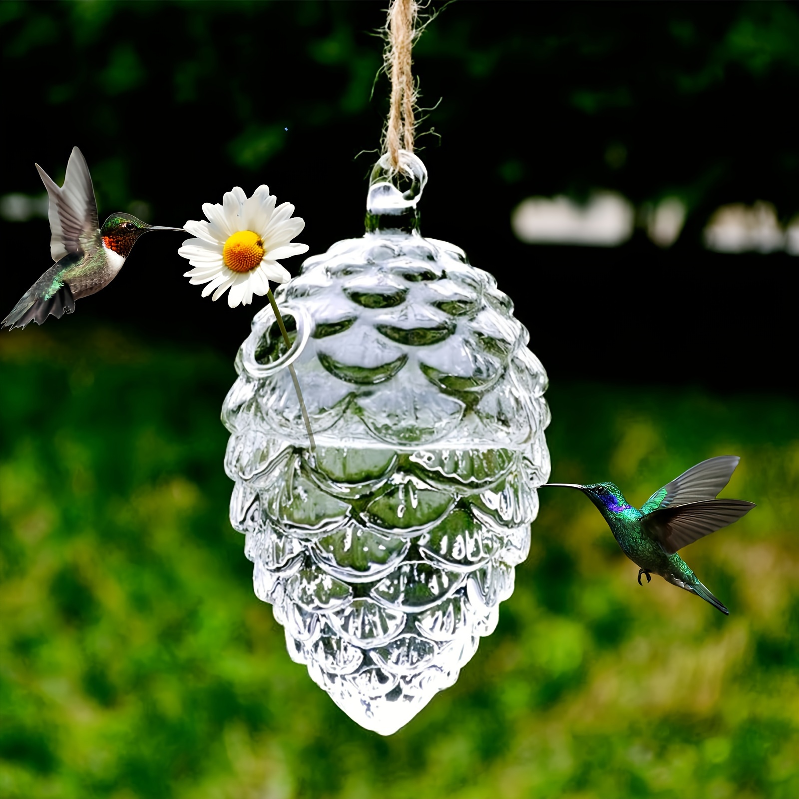 Attractive Outdoor Birdwatering Station: Ornamental Glass Hummingbird Bottle Emulating Nature's Beauty