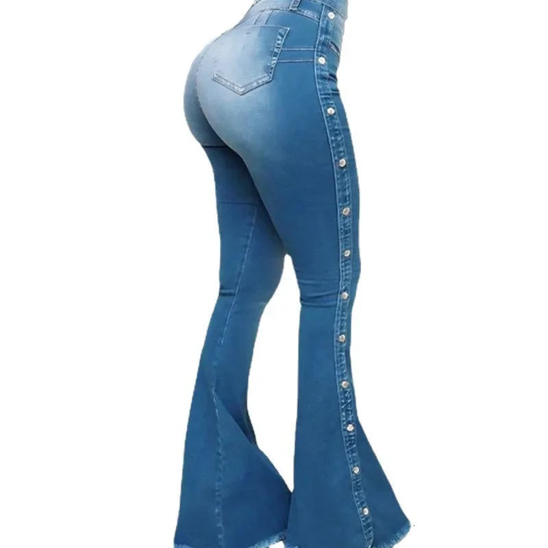 Jeans High Waist Strecth Denim Flare Pant Vintage Trousers Buttons Denims Streetwear 2024 Autumn Female Floor Length 250227