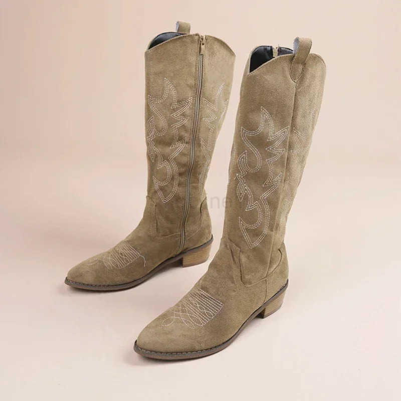Embroidered Wern Cowboy Boots for Wen Autumn Pointed Toe Thick Heel High Knee Boots Wan Loose PU Leather Long Botas Mujer Z250304