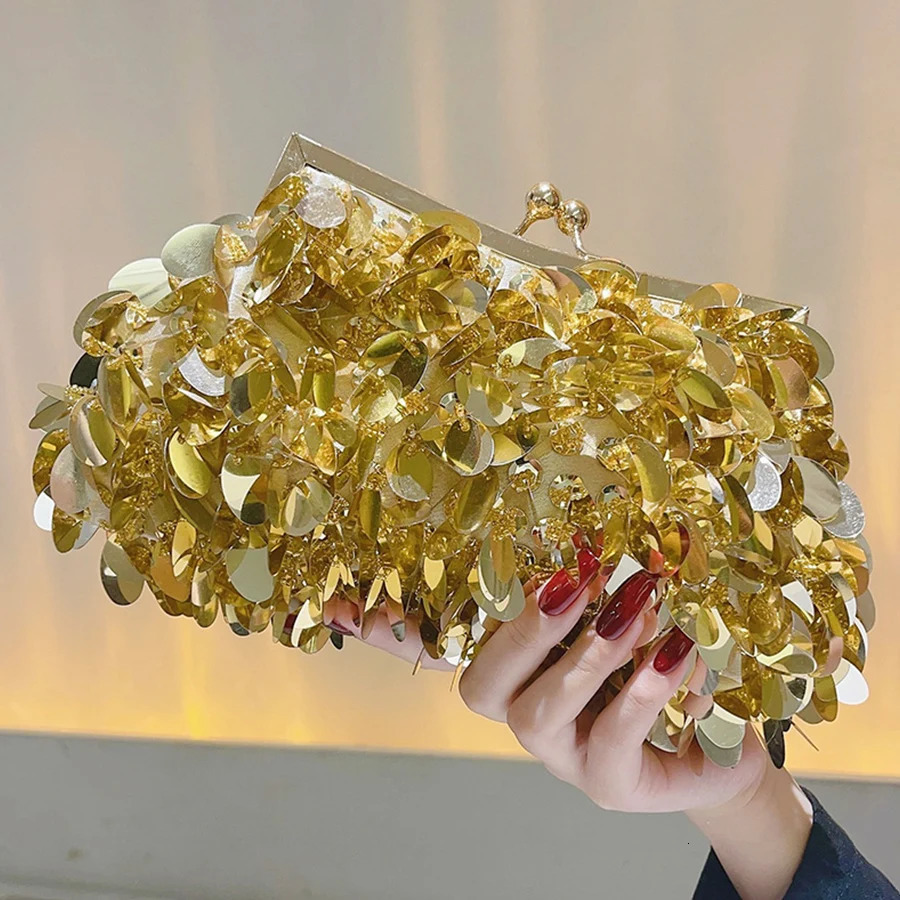 Fashion Sequins Beading Evening Bag Women Green Dinner Party Day Clutch Purse Handwoven Chains Shoulder Glitter Handbag 250303