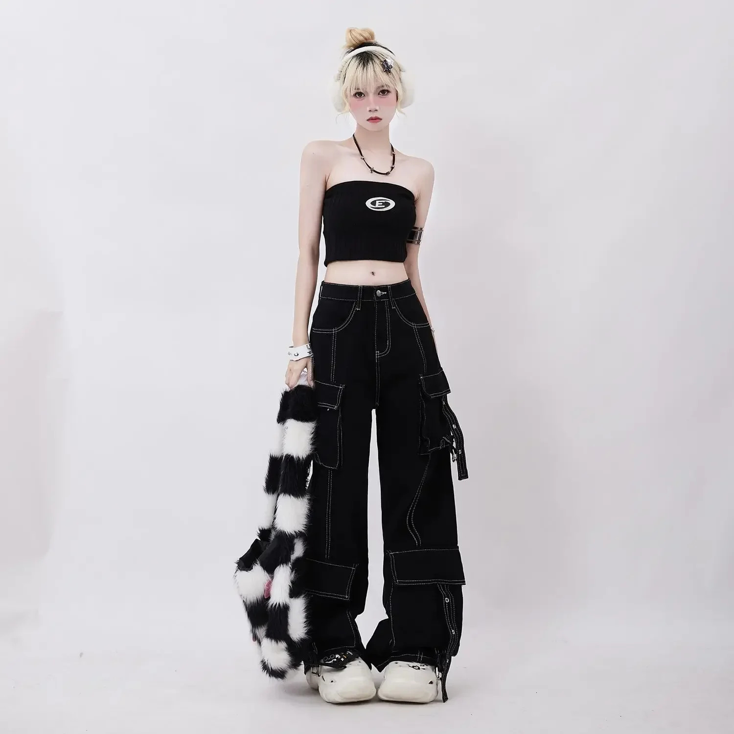 American Retro Dopamine Women Y2K Multi Pocket Overalls Decoration Trend Korean Fashion Leisure Straight Loose Wide Leg Pants 250227