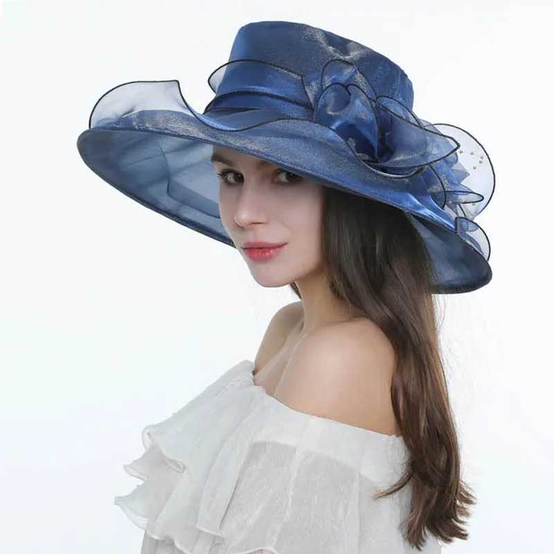 18 Color Ladies Summer Hat White Black Organza Church Fascinator Wedding Tea Party Dey Hats for Women Flower Wide Brim Sun HatXJ250304