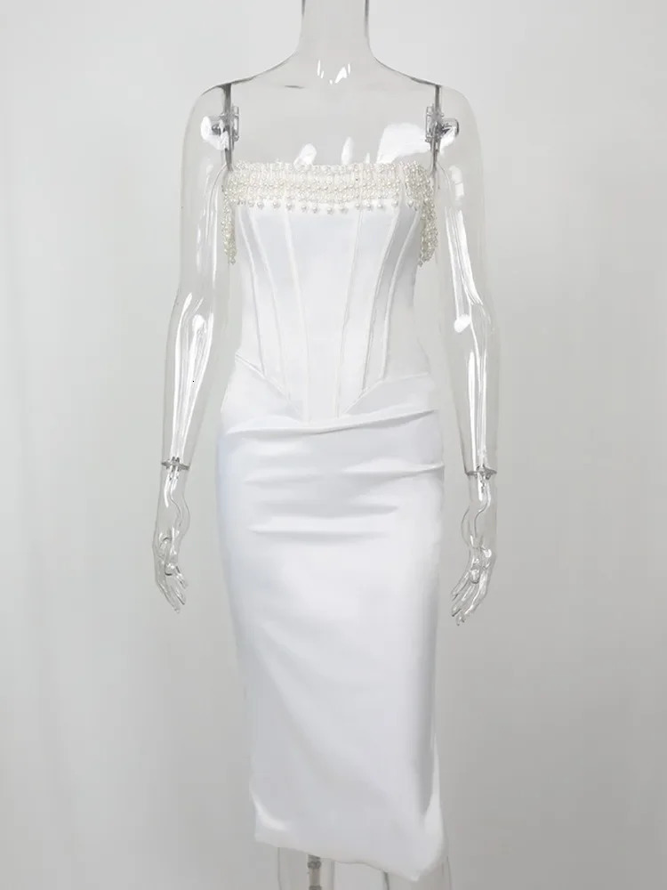 Customizable Formal Womens PU Pearl Strapless Fishbone Sexy White Bodycon Dress Elegant Back Slit Midi Evening Party Dresses 250303