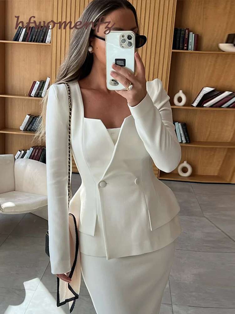 Elegant White Coat Set Square Collar Double Breasted Long Sleeve Blazer Hip Package Fashion Lady Skirt 2 Piece New Outfits