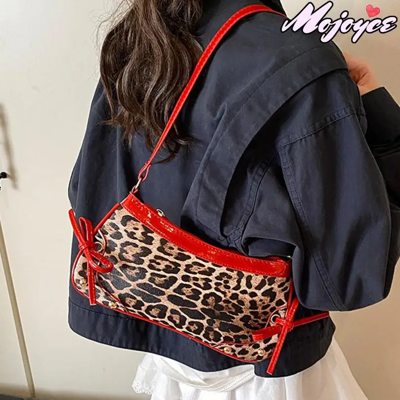 PU Leopard Trendy Bow Handbag for Women Zip Closure Stylish Underarm Bag Vintage Crescent Bag High Quality Shoulder Bag Bags 250228
