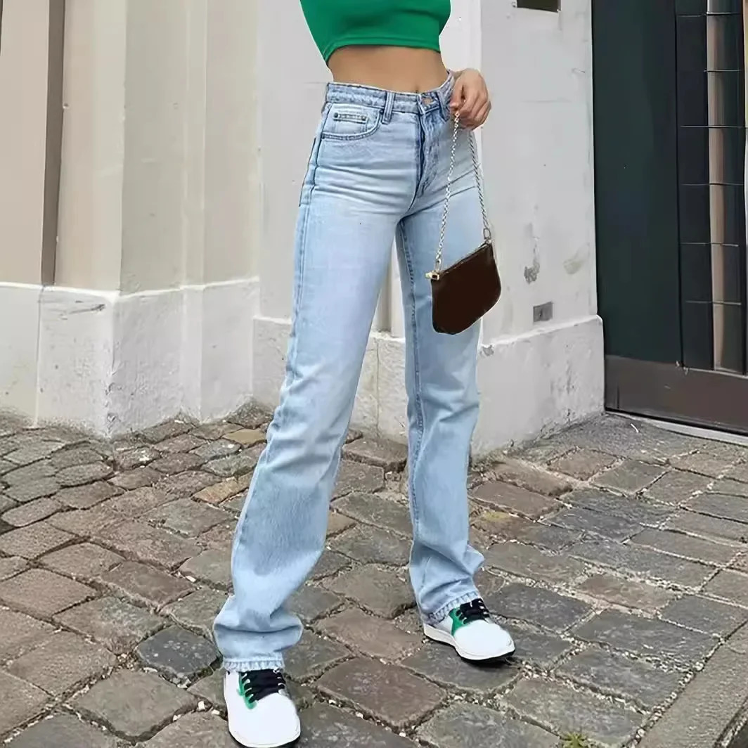 Jeans denim womens straight pants pockets high waist ankle length loose unsettling solid casual base retro 2024 250227