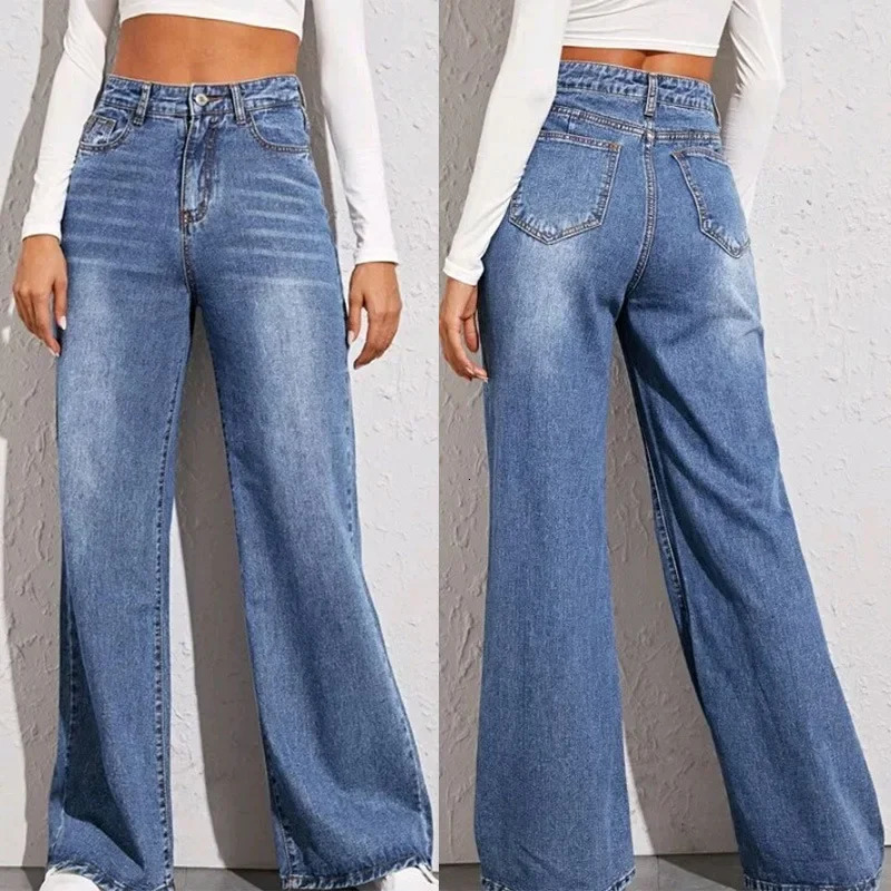 Blue Jeans for Women Wide Leg Pants Straight Long Denim Trousers High Waist Y2k Loose Elegant Trouser Autumn Spring 2024 250227