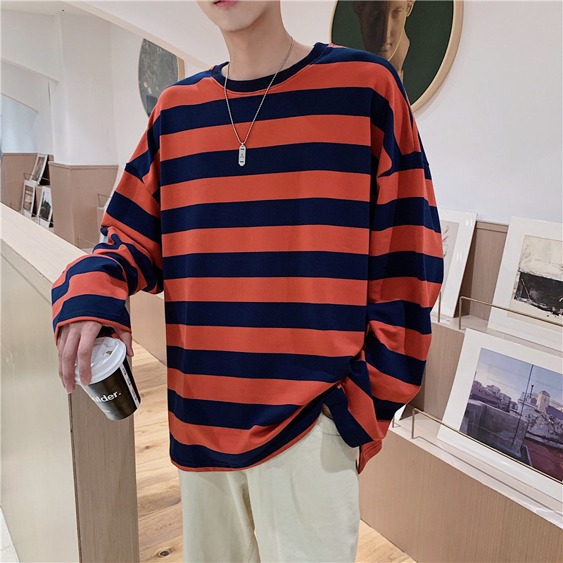 DA03034 Men's black and white striped long-sleeved T-shirt round neck sweatshirt bottoming shirt top