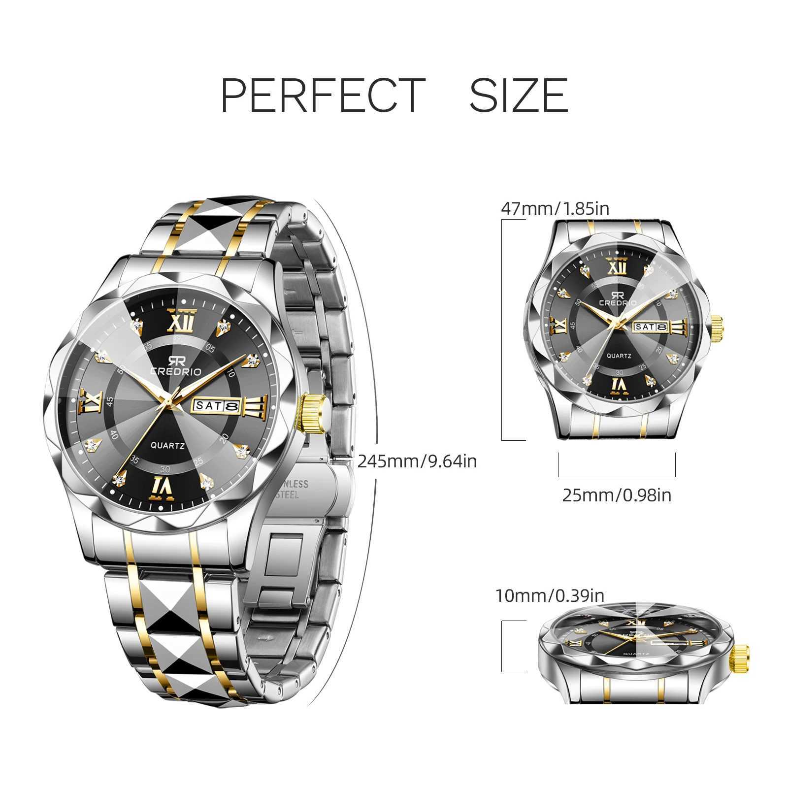 Mens Ice Rhinestone Luxury Luminous Waterproof Double Calendar Week Quartz Movement Stainl Steel Fashion BusinessXJ250304