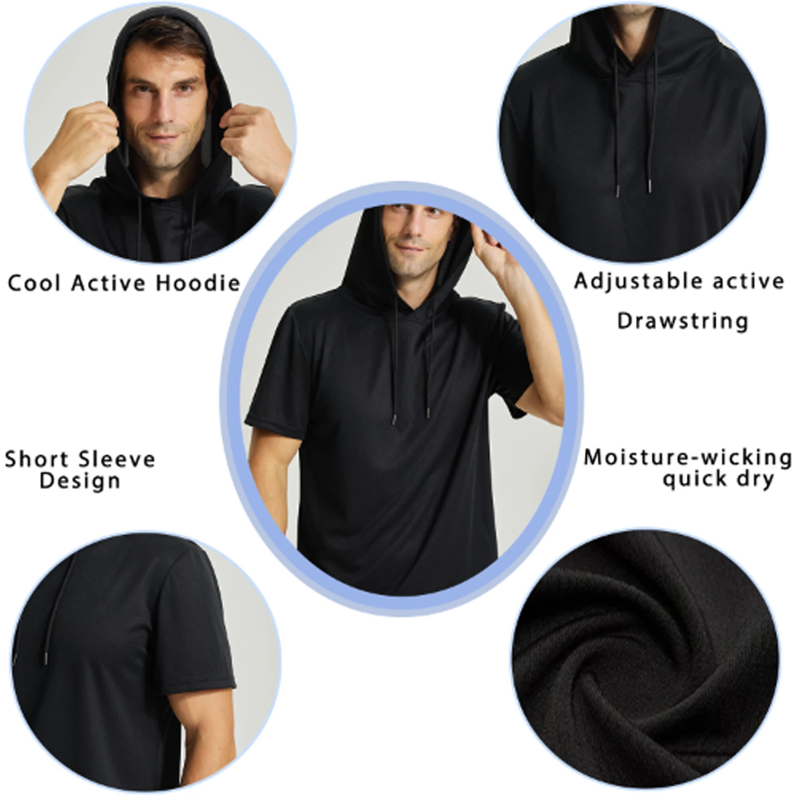 Mens Workout Hooded Shirts Short Sleeve Muscle Fit Gym Running TShirts Sweatshirt 250304