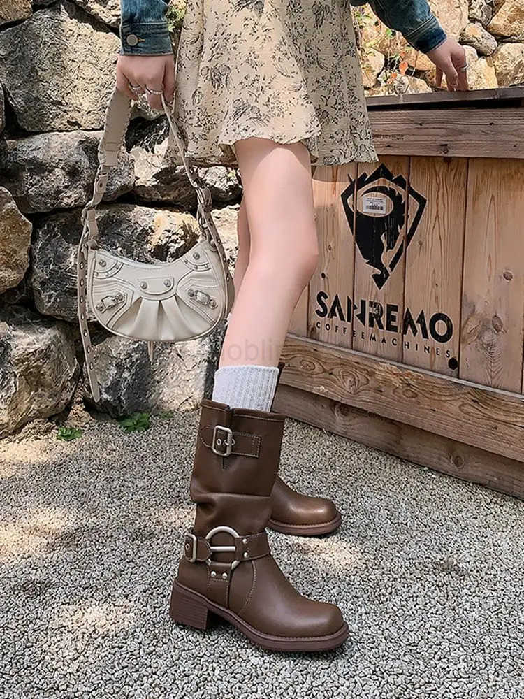 Square Toe Ladies Mid Calf Shoes Biker Brown Studded Middle Heel Wens Half High Boots Gothic Waterproof Pu Work S New In Z250304