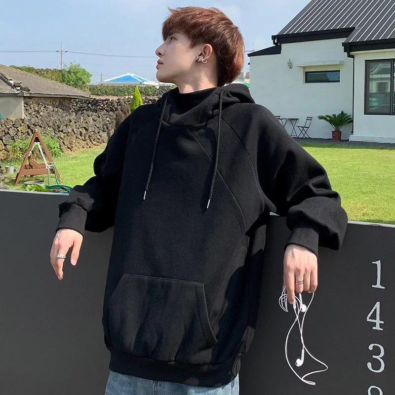 Autumn Turtleneck Fleece Hoodies For Men High Street Oversize Pullover Hoodie Unisex Y2K Vintage Hooded Sweatshirts Clothes 250304