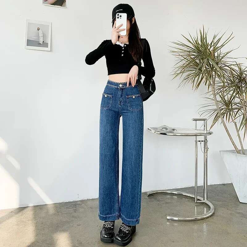 Korean Chic Fashion Chain Blue High Waist Jeans Women Spring Autumn New Straight Baggy Loose Slimming Wide-Leg Denim Pants