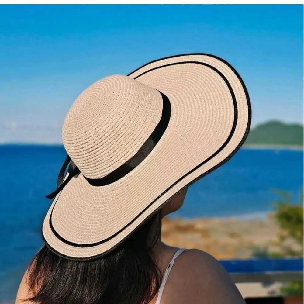 Portable Wide Brim Str Hat Casual Summer Ribbon Bow Tie Str C Travel Large Brim Beach Hat WomenXJ250304