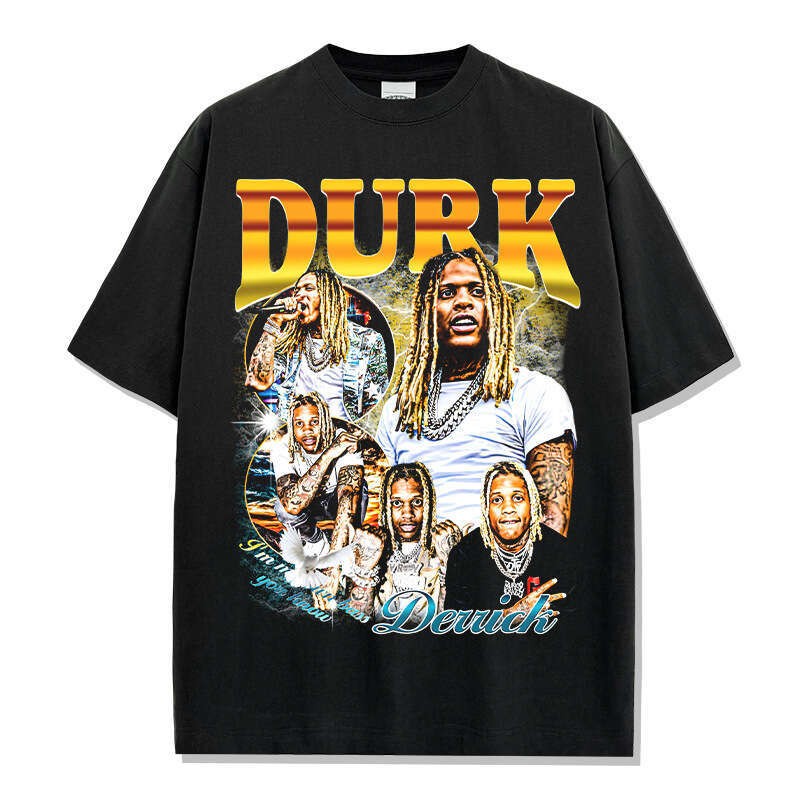 American Lil Durk printed washed T-shirt round neck long sleeved hooded sweatshirt for men