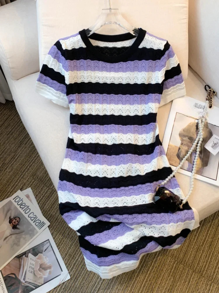 2024 Colorful Striped Crew Collar Dress Fashion Short Sleeve Pocket Hip Mini Knitted SpringSummer Womens Wear 250227Z