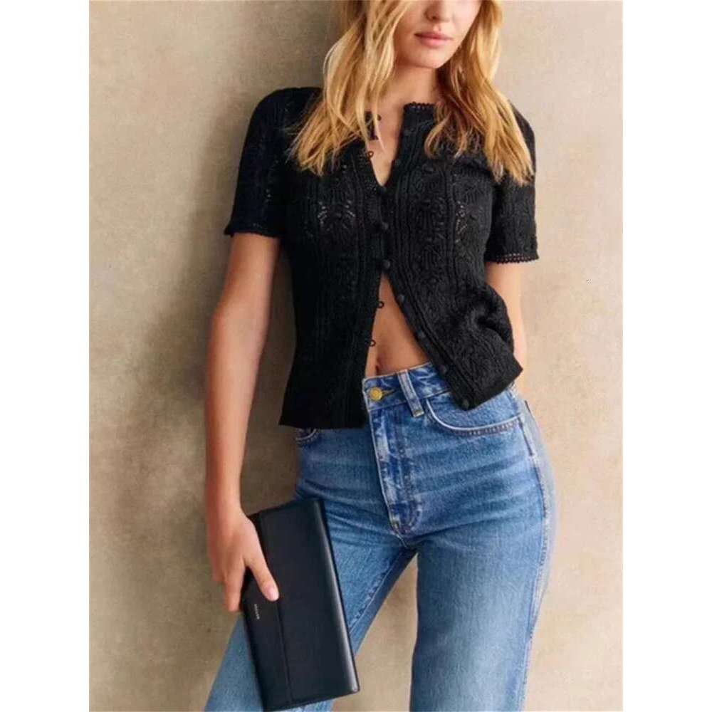 2025 New Women Short Sleeve Sweater Hollow Out Single Breasted Casual Female Elegant Knit Cardigan Top