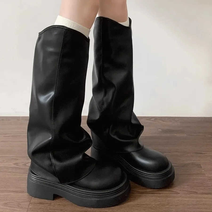 2025 Winter Knee High Wen Boots Fion PU Leather Vintage Platform Shoes Ladies Round Toe Fion Street Black White Boots Z250304
