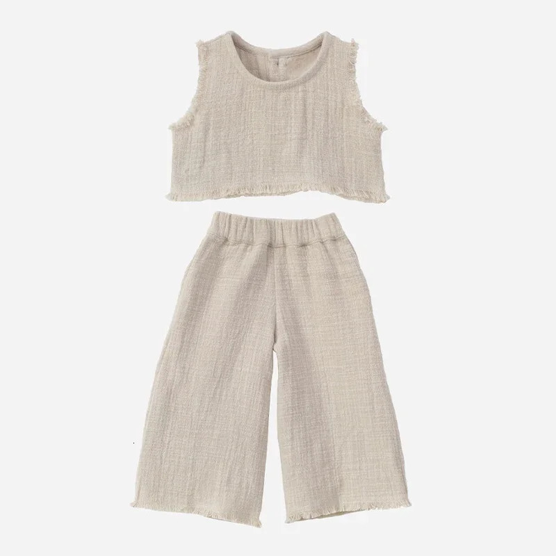 100% Cotton Muslin Casual Sets Girls Summer Loose Sleeveless Crop Top Elastic Waist Wide Leg Pants Children Suit 250304