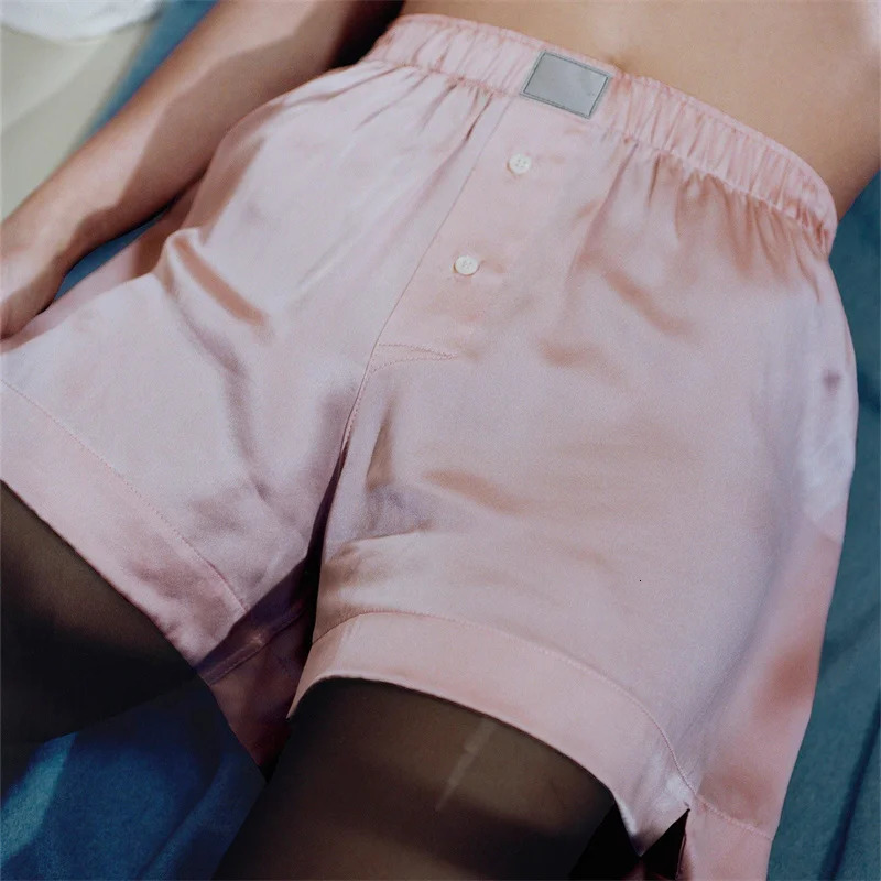 Women Summer Satin Silk Pajama Shorts Y2K Elastic Waist Button Boxer Shorts Loose Soft Solid Lounge Shorts 250303