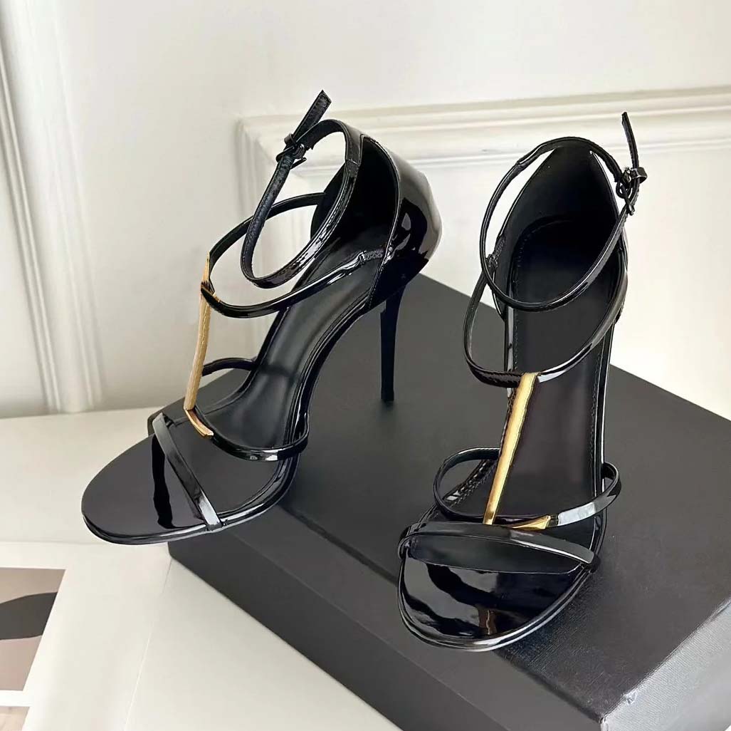 Brand top designer leather high heels Women's Sandals Dress Sandals Classic style Wedding halter heels Black gold 10cm heels with gift box 777