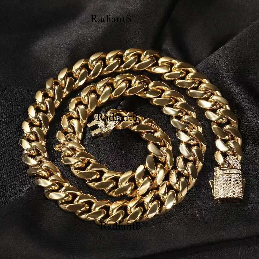 Stainless steel Cuban chain hip-hop men's trendy zircon spring buckle bracelet exaggerated thick necklace