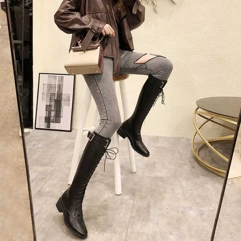 Lace-up Shoes for Wan Long Wens Boots Winter Knee High Shaft with Laces Biker Footwear Brown Large Size Warm S Quality Z250304