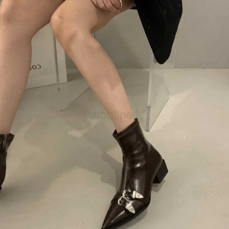 Wens fion chunky heel shoes new fall pointy metal buckle side zipper mid-heel cfort ankle boots Z250304