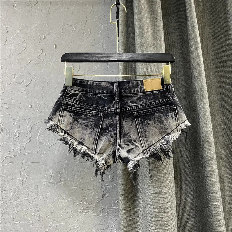 2025 Summer Low Waist Light Grey Broken Edge A-line Pants Korean Womens Personalized Ripped Denim Shorts 250303
