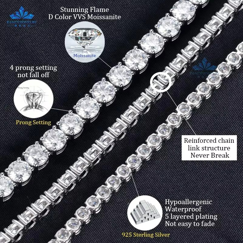 OEM ODM Custom Jewelry Wholesale Gold Sterg Sier Iced Out 2/3/4mm Classic Moissanite Dia Necklace Tennis Chain