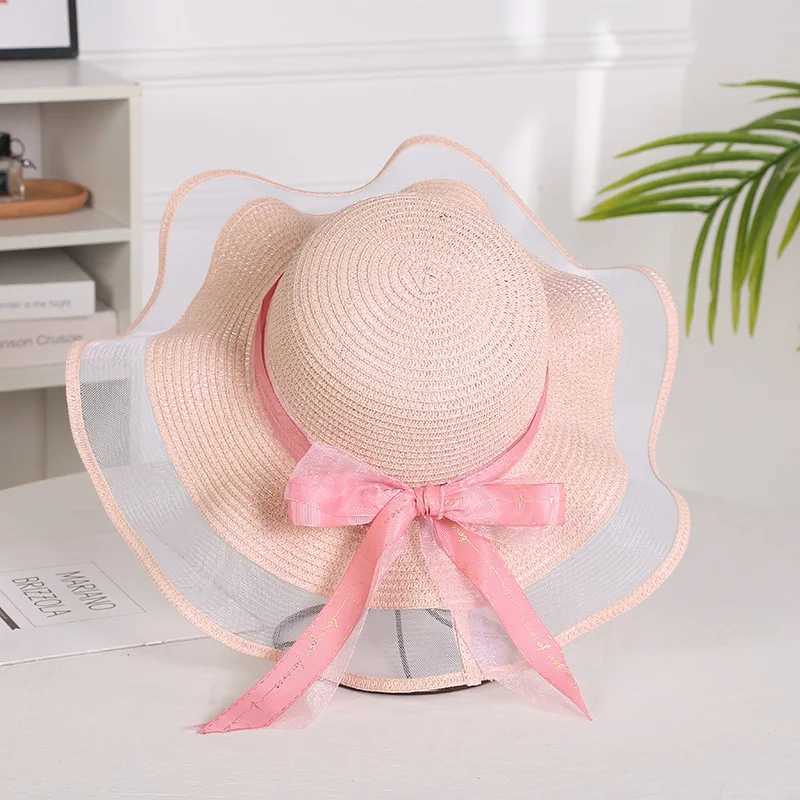 Foldable Big Brim Floppy Girls Str Hat Sun Hat with Bow Elegant Protection Shade Fashion Women Beach Hat 2021 HatsXJ250304
